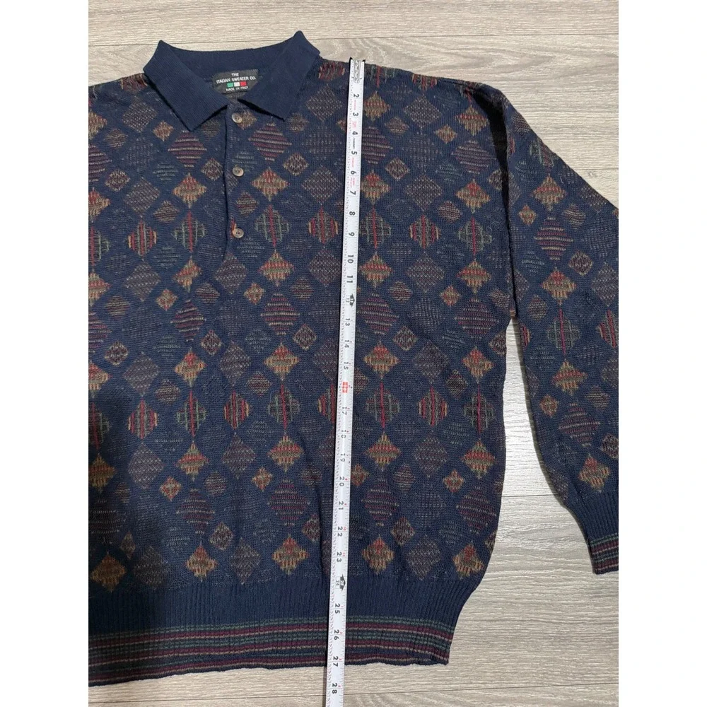 Vintage 80s The Italian Sweater Men L Wool Blend Navy Diamond Knit Polo Sweater